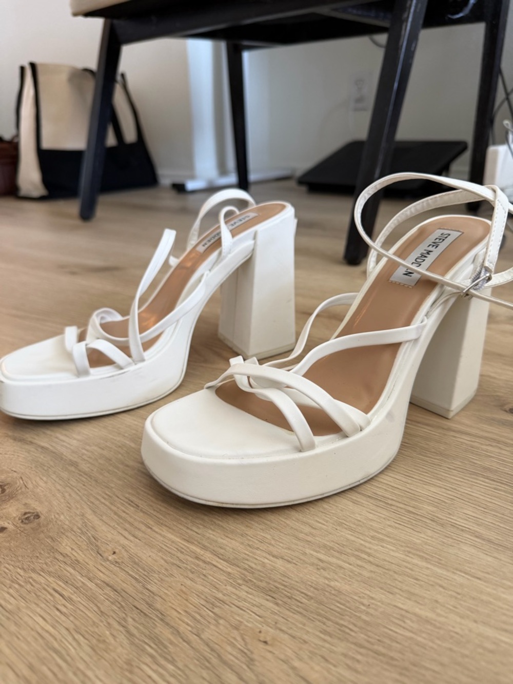 Steve Madden White Strappy Platform Block Heels